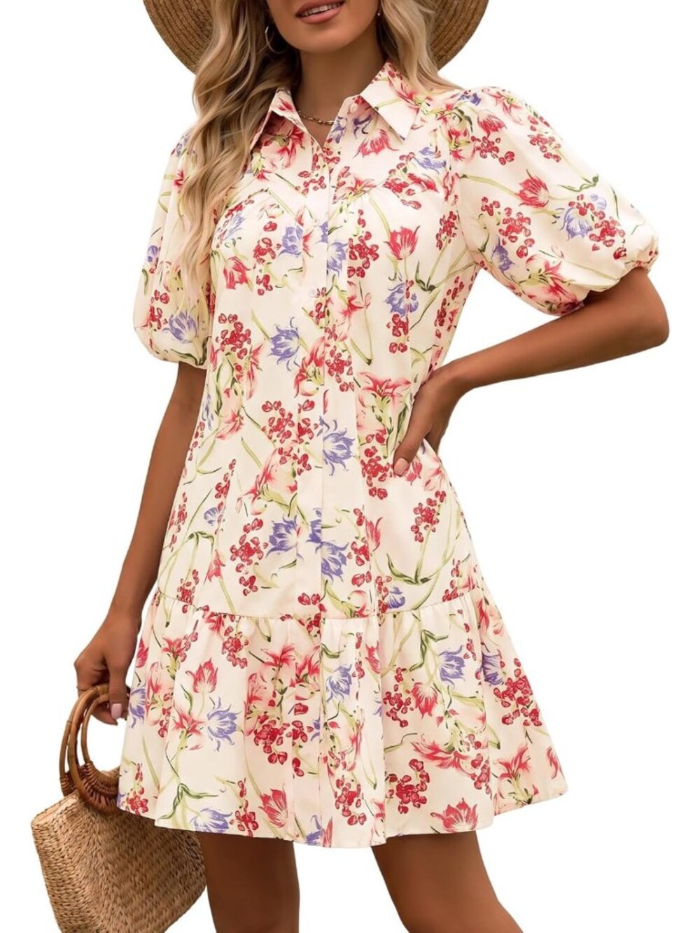 Chic Puff Sleeve Mini Dress with Pockets | Casual Summer Shirt Dress for Women